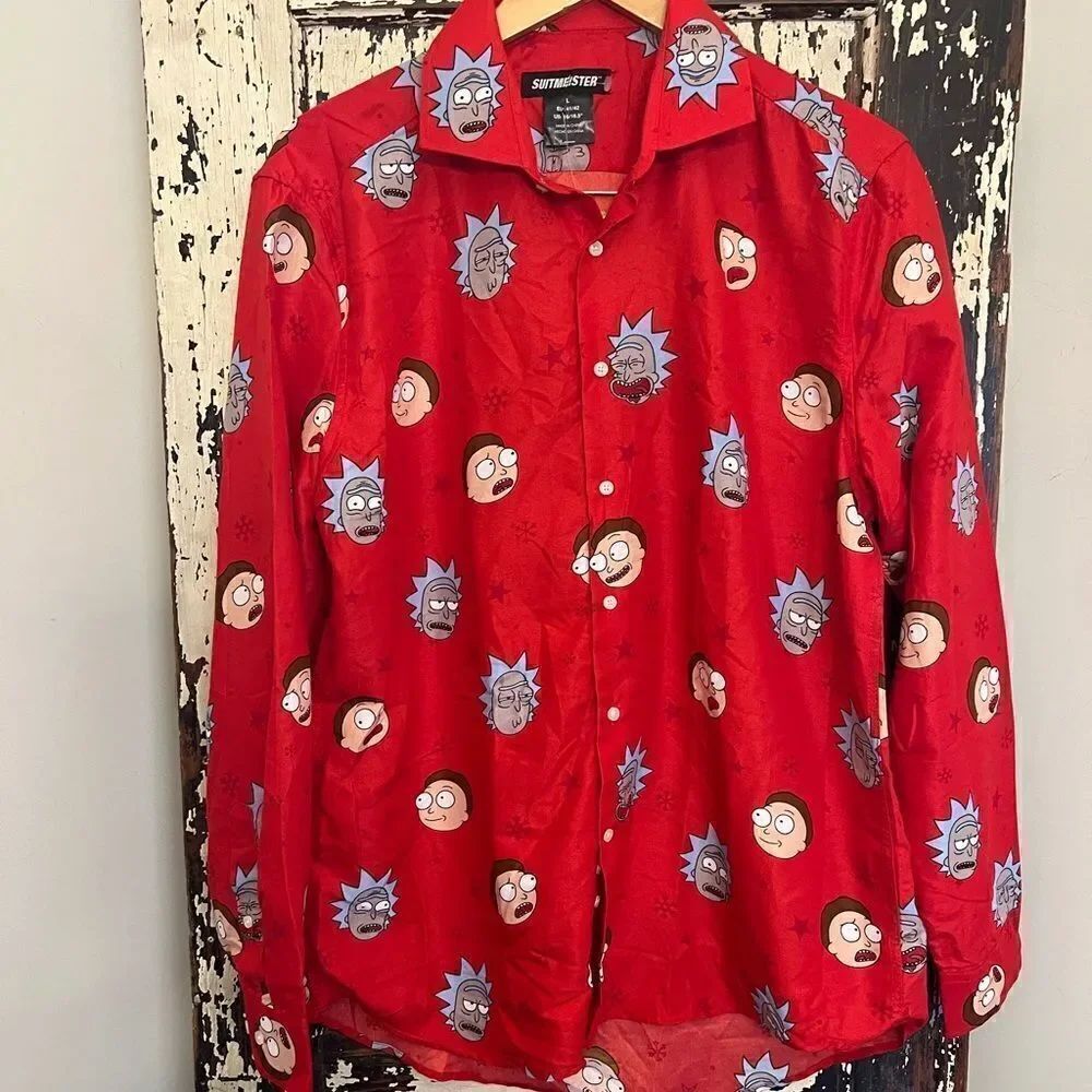 NWT Rick And Morty Adult Swim Suitmeister Holiday Christmas Button down. Men’s L